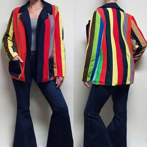 Handmade OOAK Vintage 70s Rainbow Striped Multi Paneled Open Front Blazer Jacket